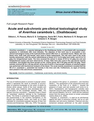 Acute and Sub-Chronic Pre-Clinical Toxicological Study of Averrhoa Carambola L
