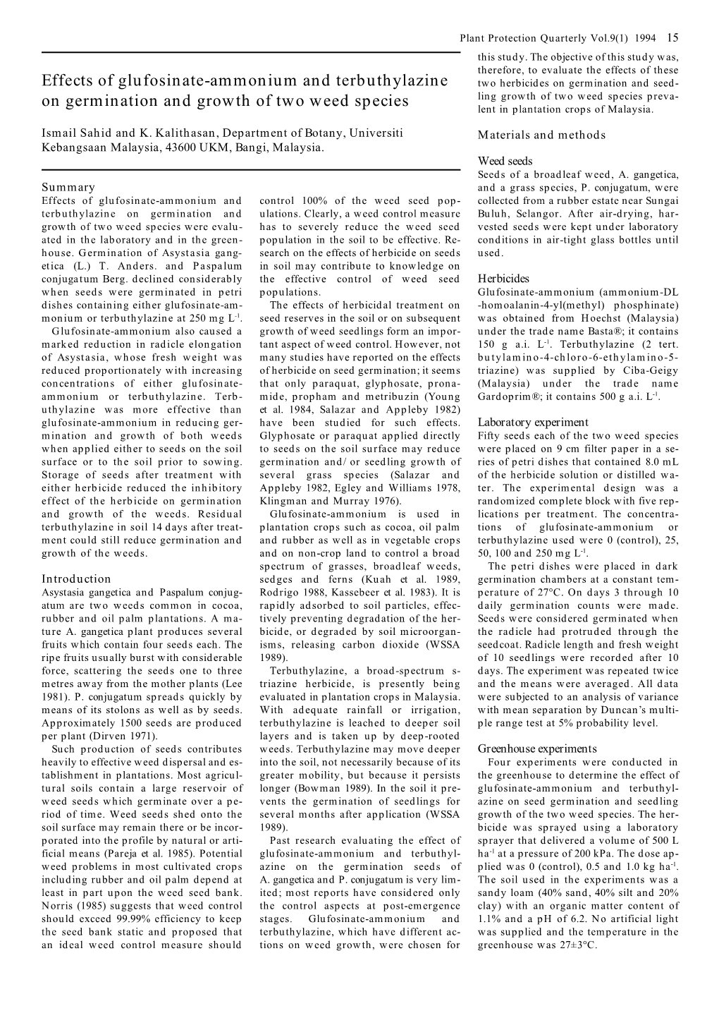 Effects of Glufosinate-Ammonium and Terbuthylazine on Germination and Growth of Two Weed Species