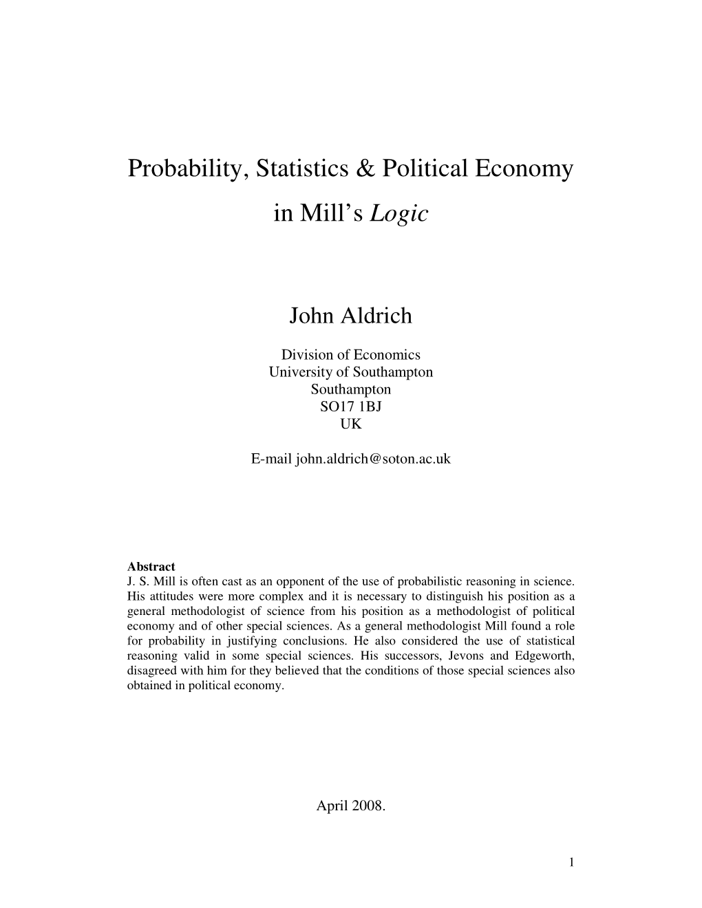 Probability, Statistics & Political Economy in Mill's Logic