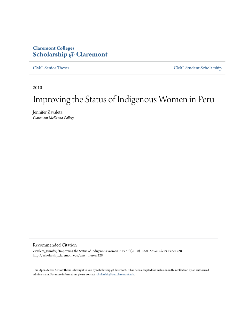 Improving the Status of Indigenous Women in Peru Jennifer Zavaleta Claremont Mckenna College