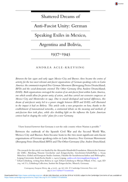 Shattered Dreams of Anti-Fascist Unity: German Speaking Exiles in Mexico, Argentina and Bolivia, 1937–1945