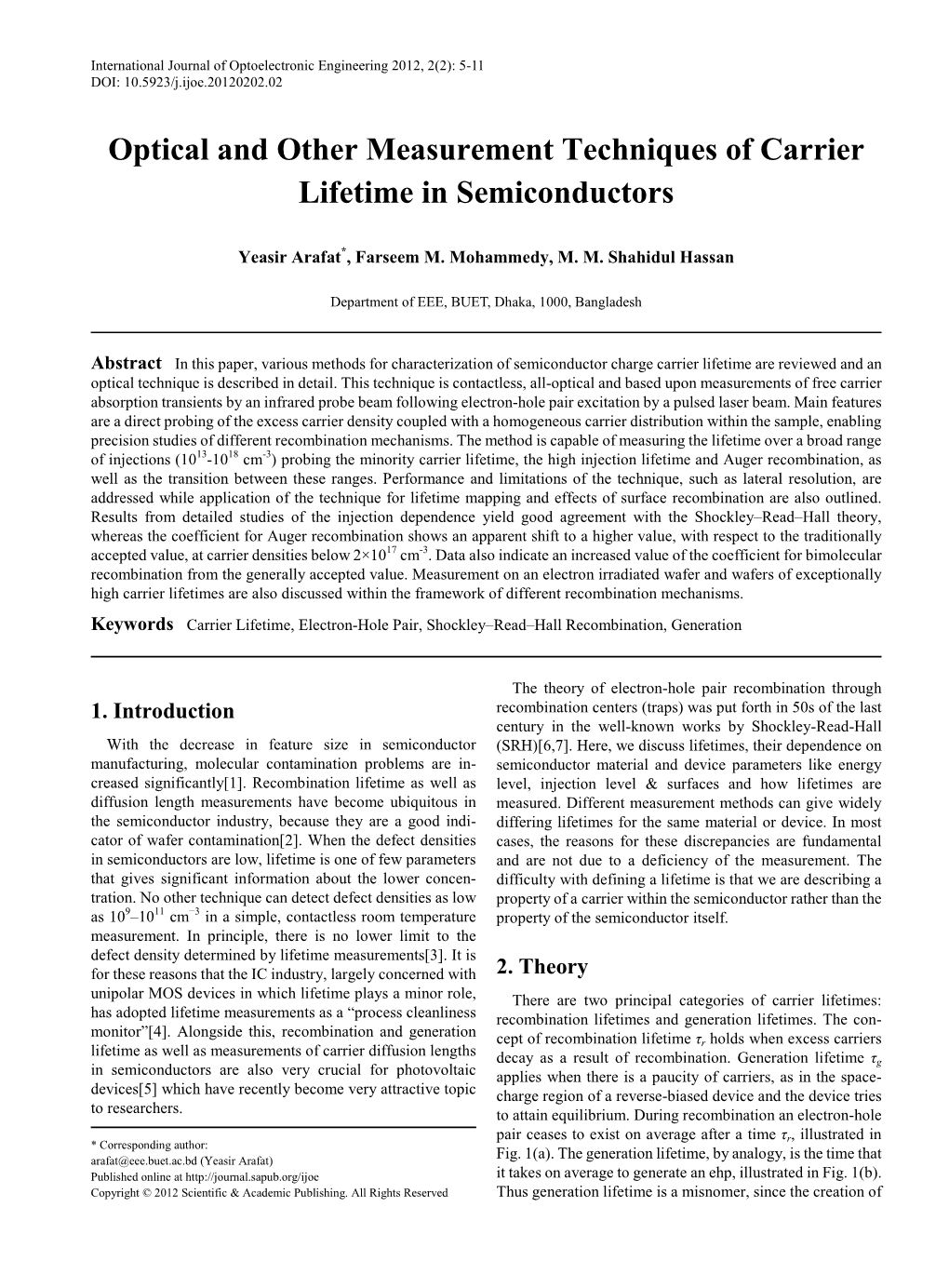 Optical and Other Measurement Techniques of Carrier Lifetime in Semiconductors