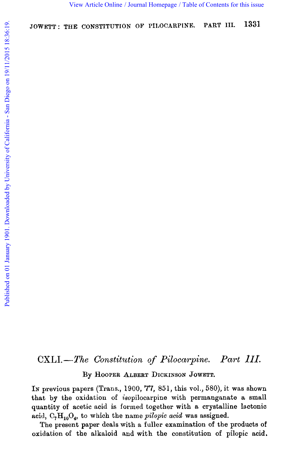 CXLI. -The Constitution of Pilocarpine. Part 111. by HOOPERALBERT DICKINSON JOWETT