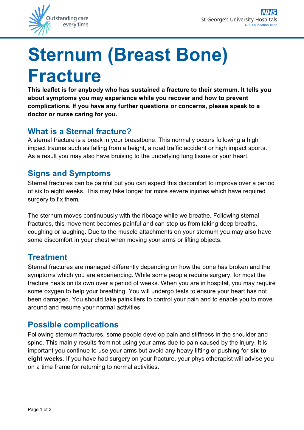 Sternum (Breast Bone) Fracture This Leaflet Is for Anybody Who Has Sustained a Fracture to Their Sternum