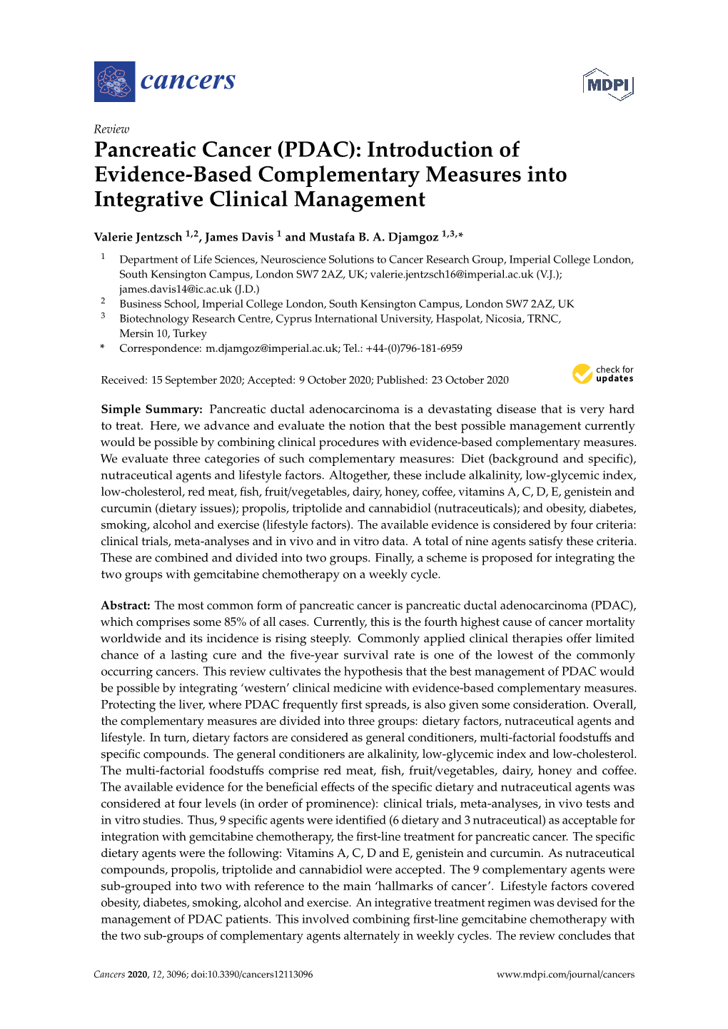 Pancreatic Cancer (PDAC): Introduction of Evidence-Based Complementary Measures Into Integrative Clinical Management