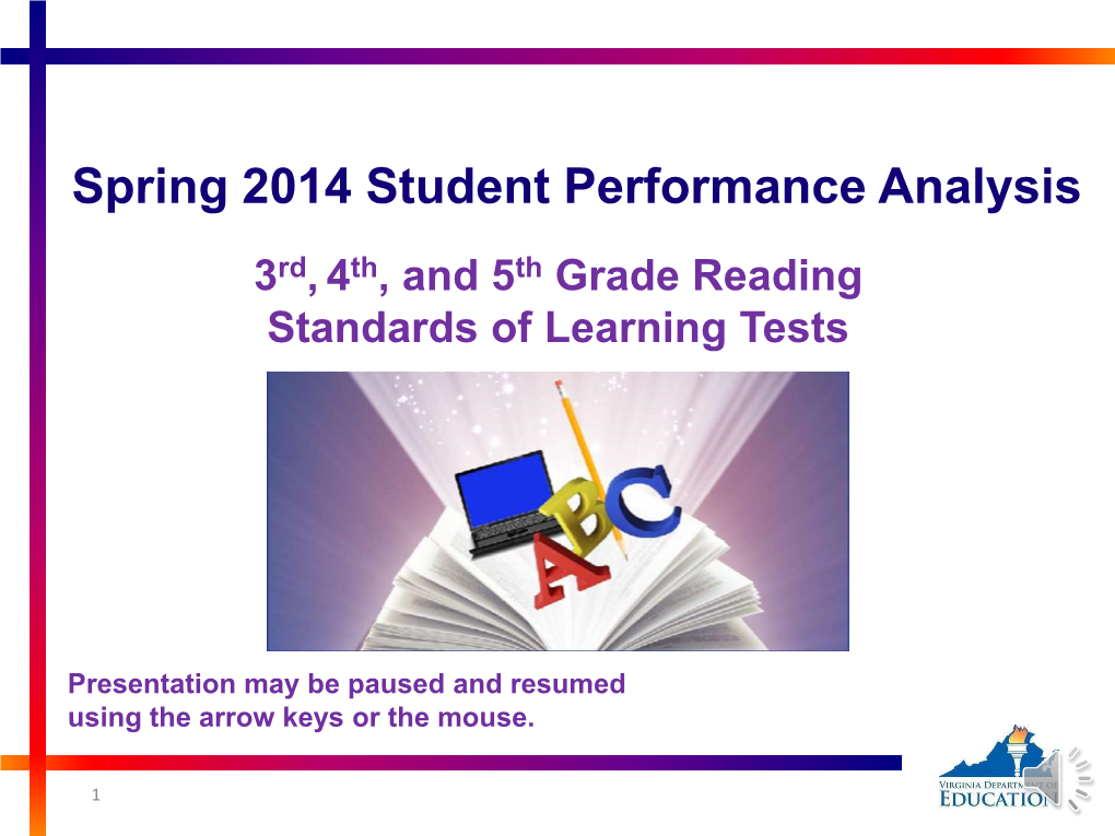 Spring 2014 Student Performance Analysis 3Rd, 4Th, and 5Th Grade Reading Standards of Learning Tests
