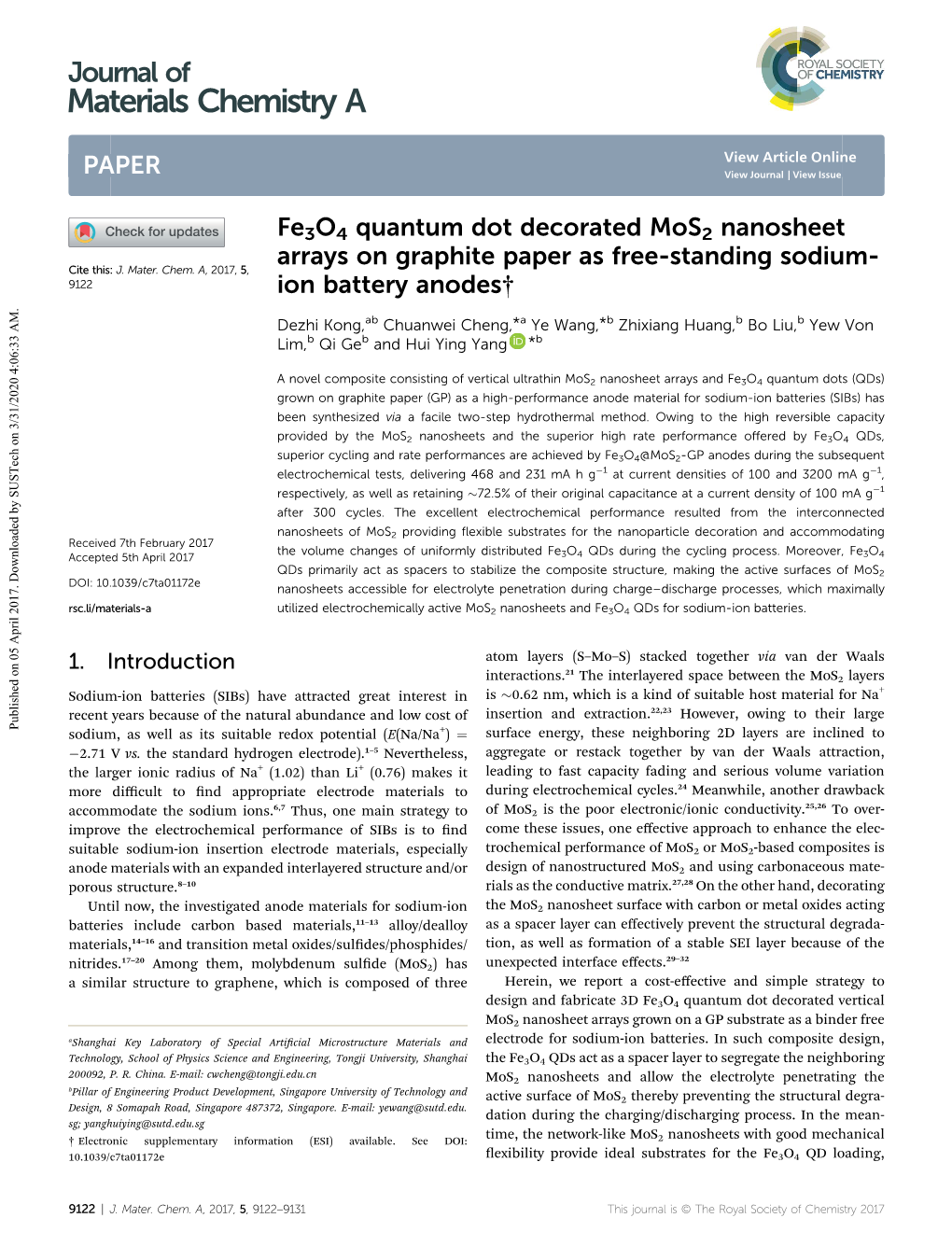 Fe3o4 Quantum Dot Decorated Mos2 Nanosheet Arrays on Graphite Paper As Free-Standing Sodium- Cite This: J