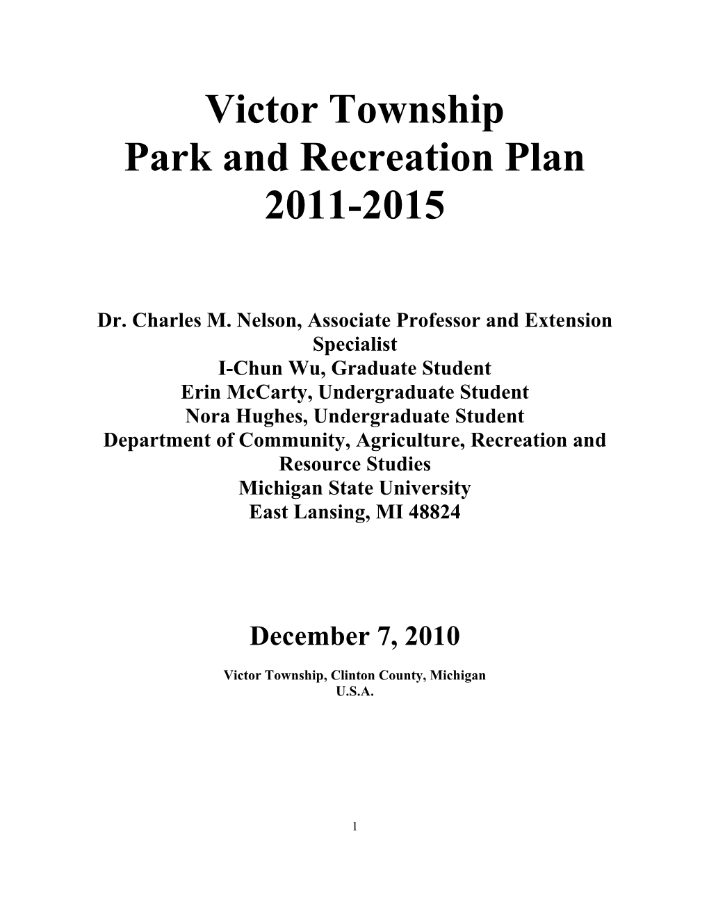 Victor Township Park and Recreation Plan 2011-2015