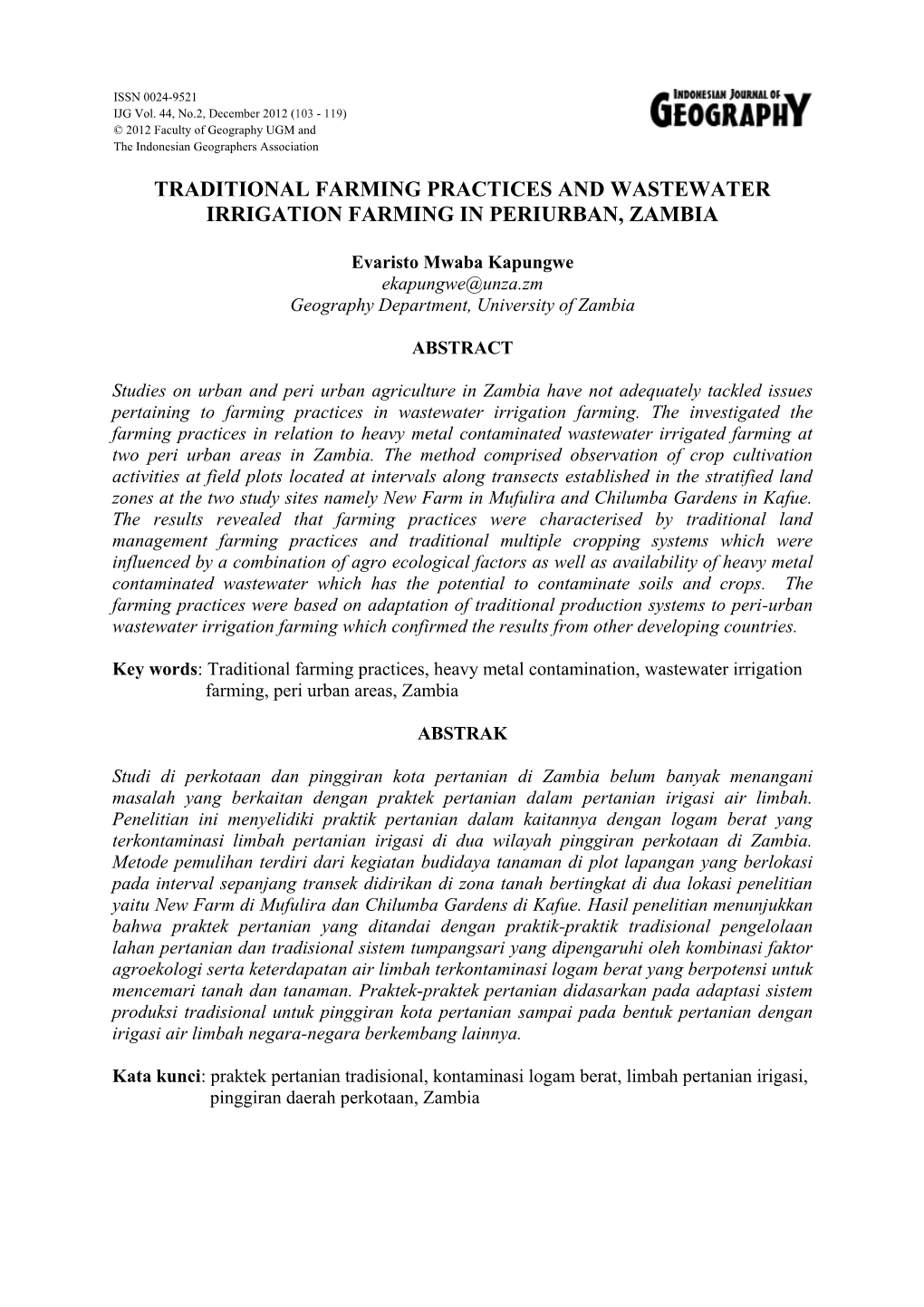 Traditional Farming Practices and Wastewater Irrigation Farming in Periurban, Zambia