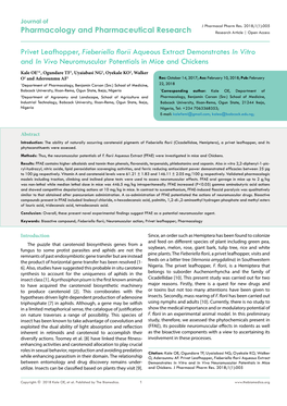 Privet Leafhopper, Fieberiella Florii Aqueous Extract Demonstrates in Vitro and in Vivo Neuromuscular Potentials in Mice and Chickens