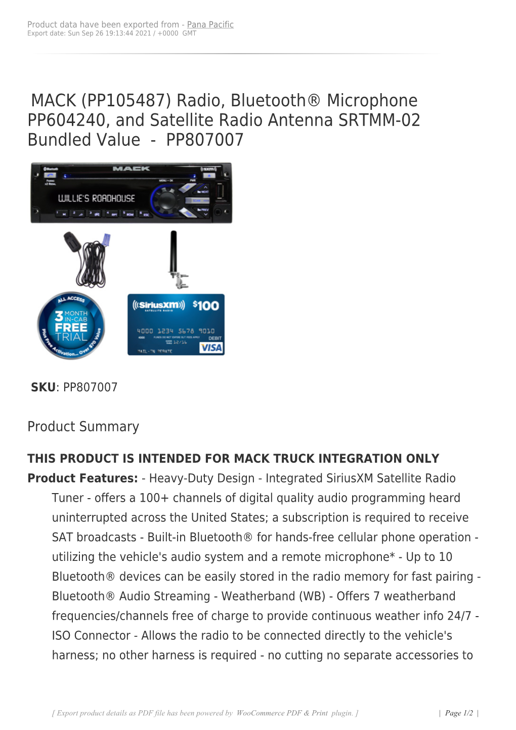 MACK (PP105487) Radio, Bluetooth® Microphone PP604240, and Satellite Radio Antenna SRTMM-02 Bundled Value - PP807007