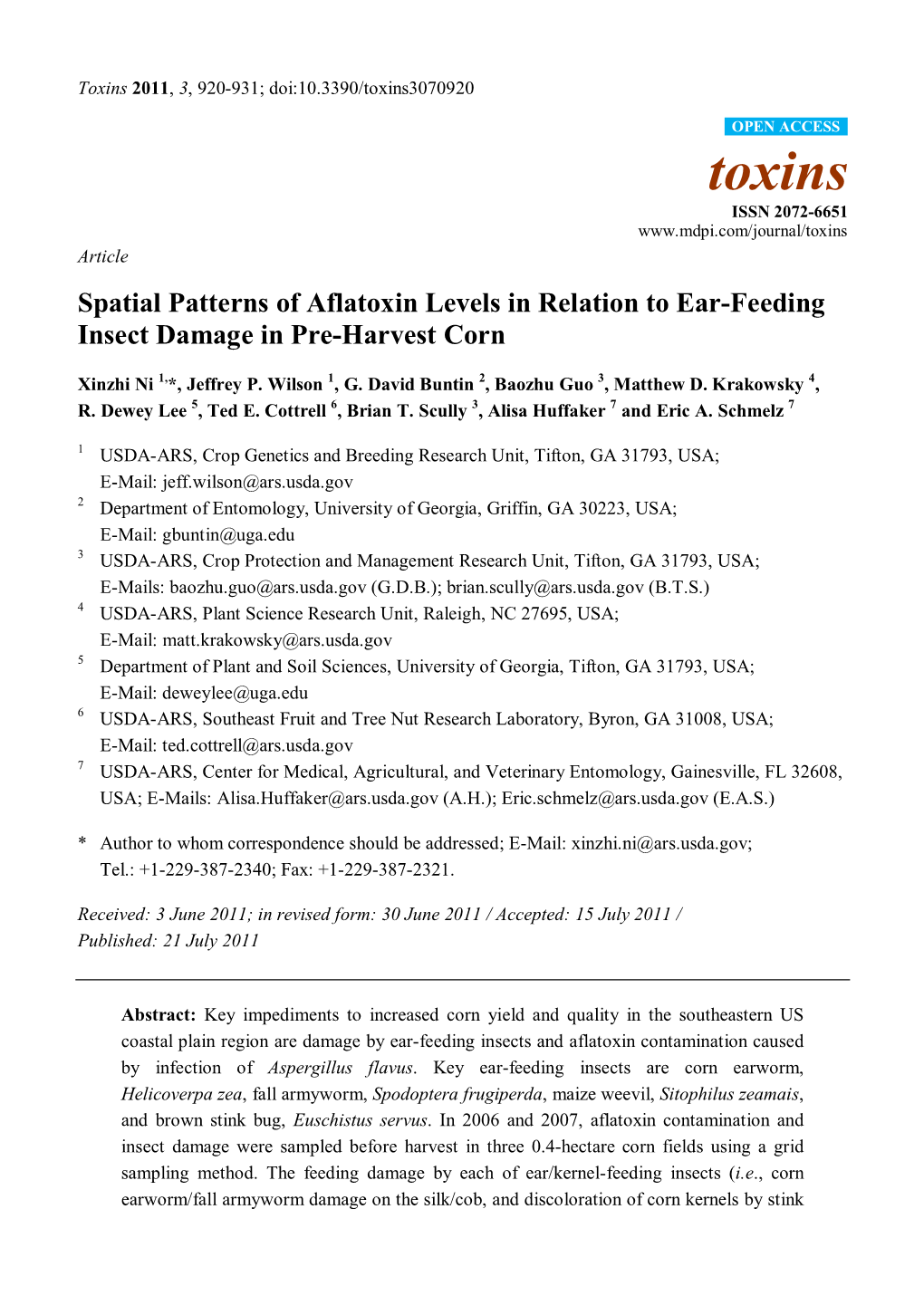 Spatial Patterns of Aflatoxin Levels in Relation to Ear-Feeding Insect Damage in Pre-Harvest Corn