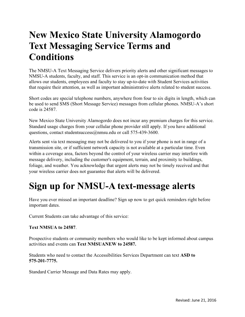 New Mexico State University Alamogordo Text Messaging Service Terms and Conditions