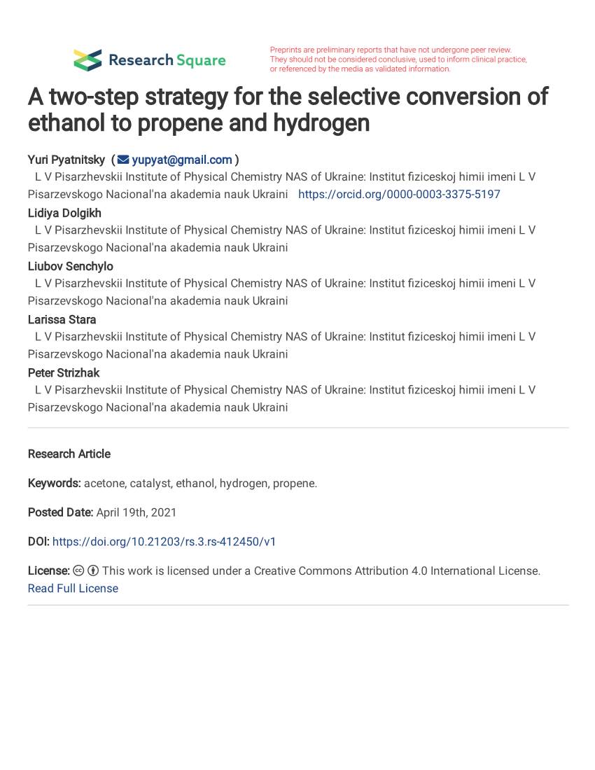 A Two-Step Strategy for the Selective Conversion of Ethanol to Propene and Hydrogen