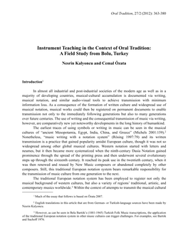 Instrument Teaching in the Context of Oral Tradition: a Field Study from Bolu, Turkey