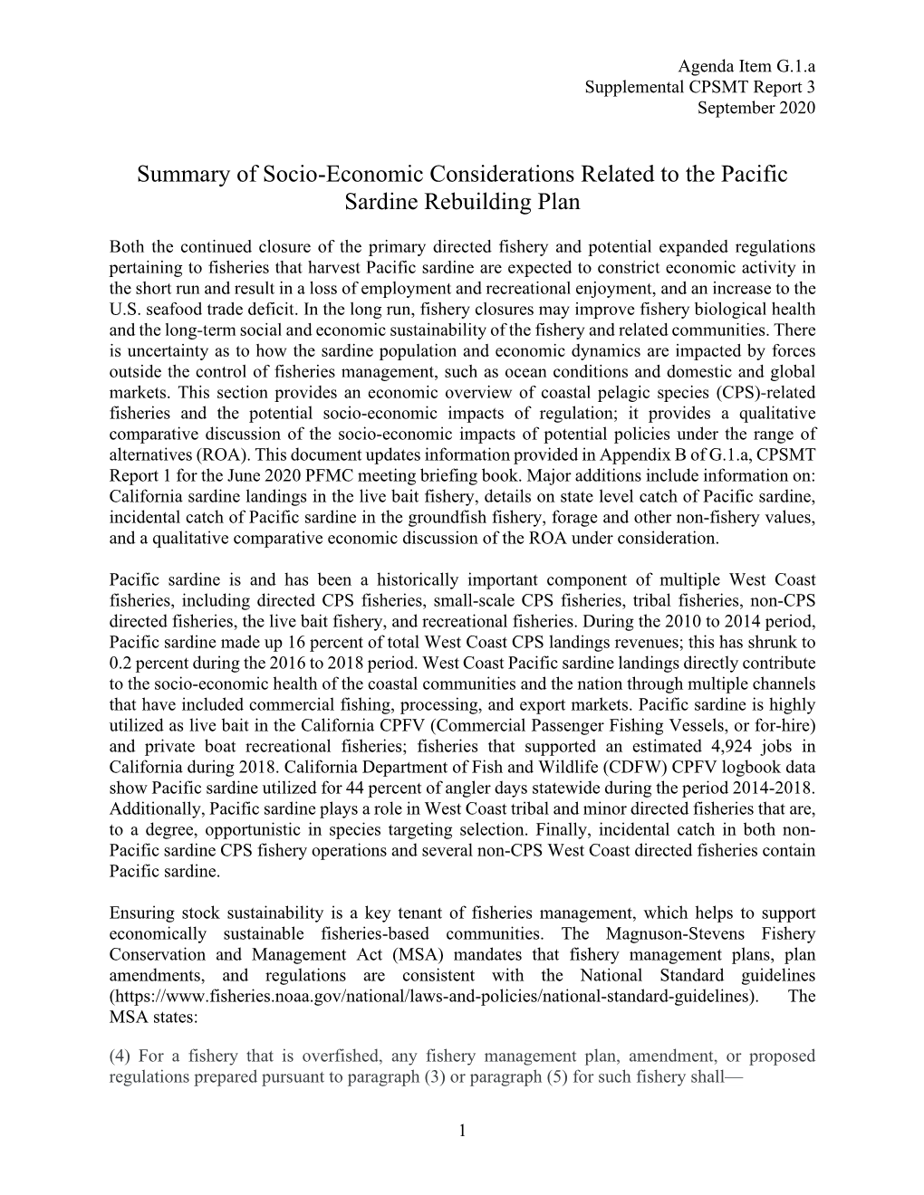 Summary of Socio-Economic Considerations Related to the Pacific Sardine Rebuilding Plan