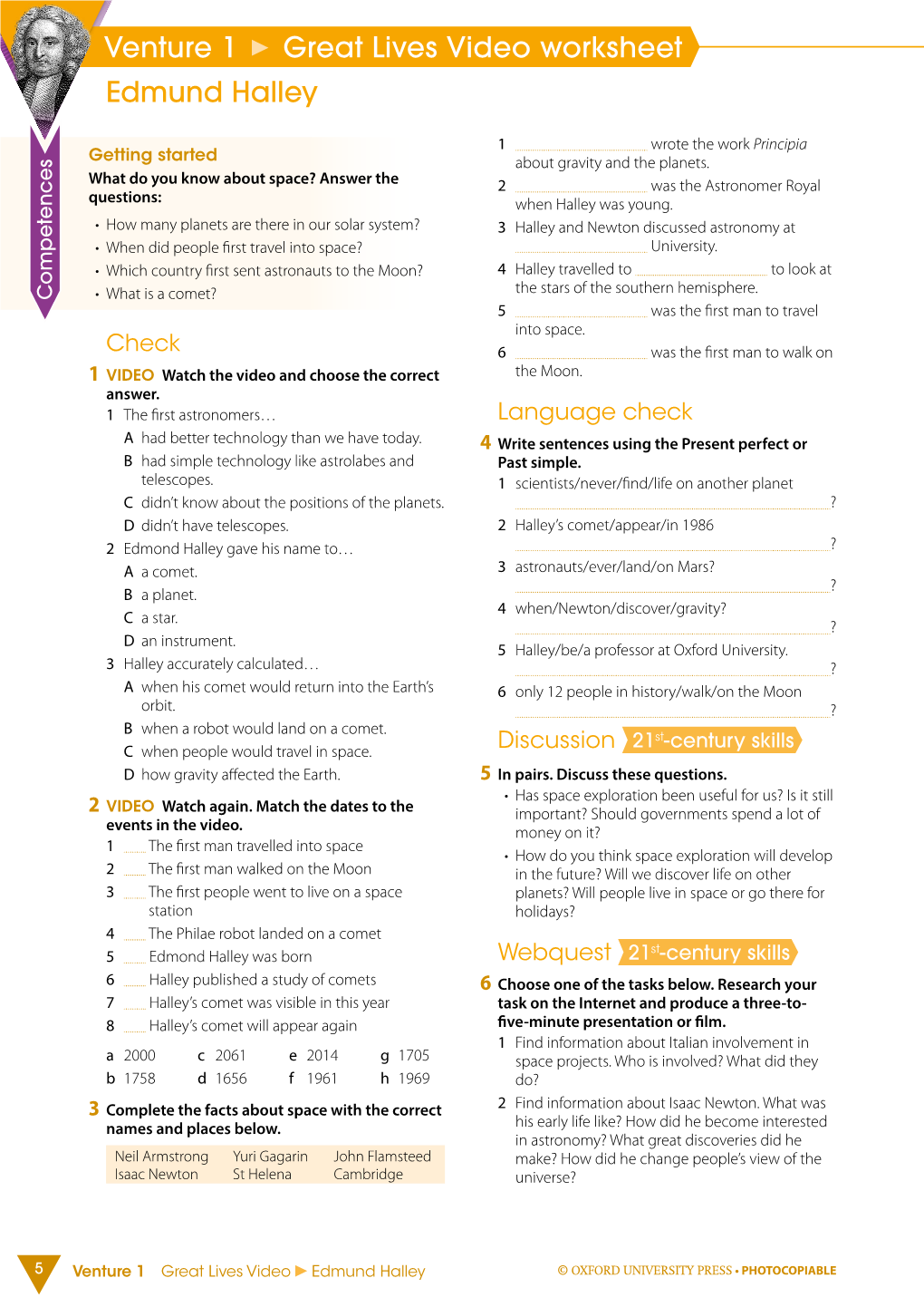 Venture 1 Great Lives Video Worksheet Edmund Halley