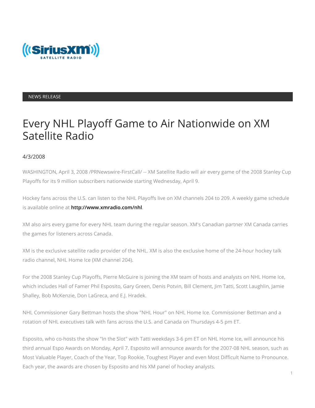 Every NHL Playoff Game to Air Nationwide on XM Satellite Radio