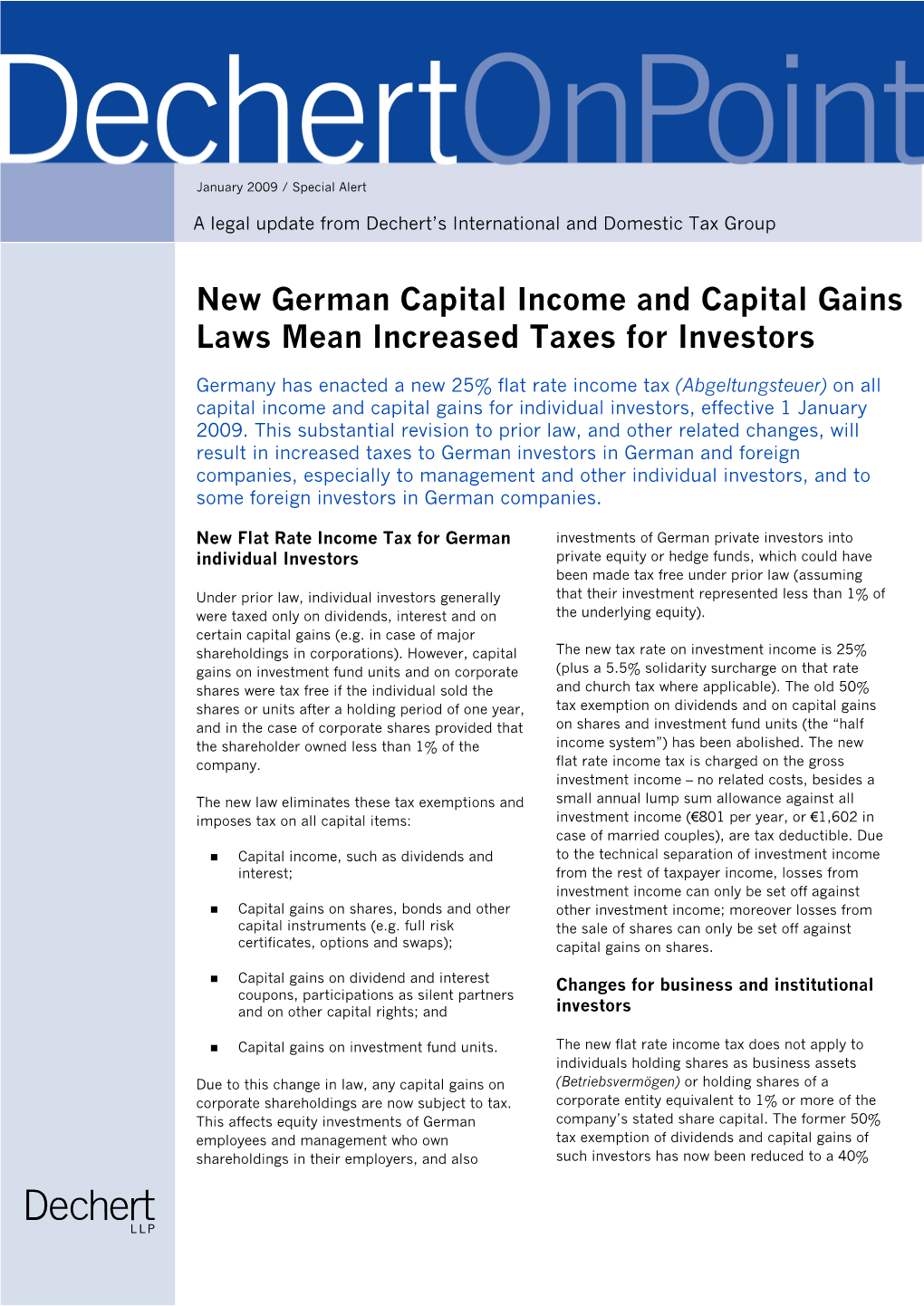 New German Capital Income and Capital Gains Laws Mean Increased Taxes for Investors