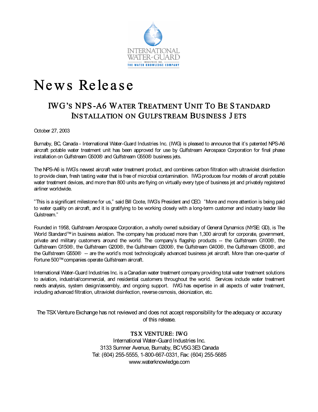 IWG's NPS-A6 Water Treatment Unit to Be Standard Installation On