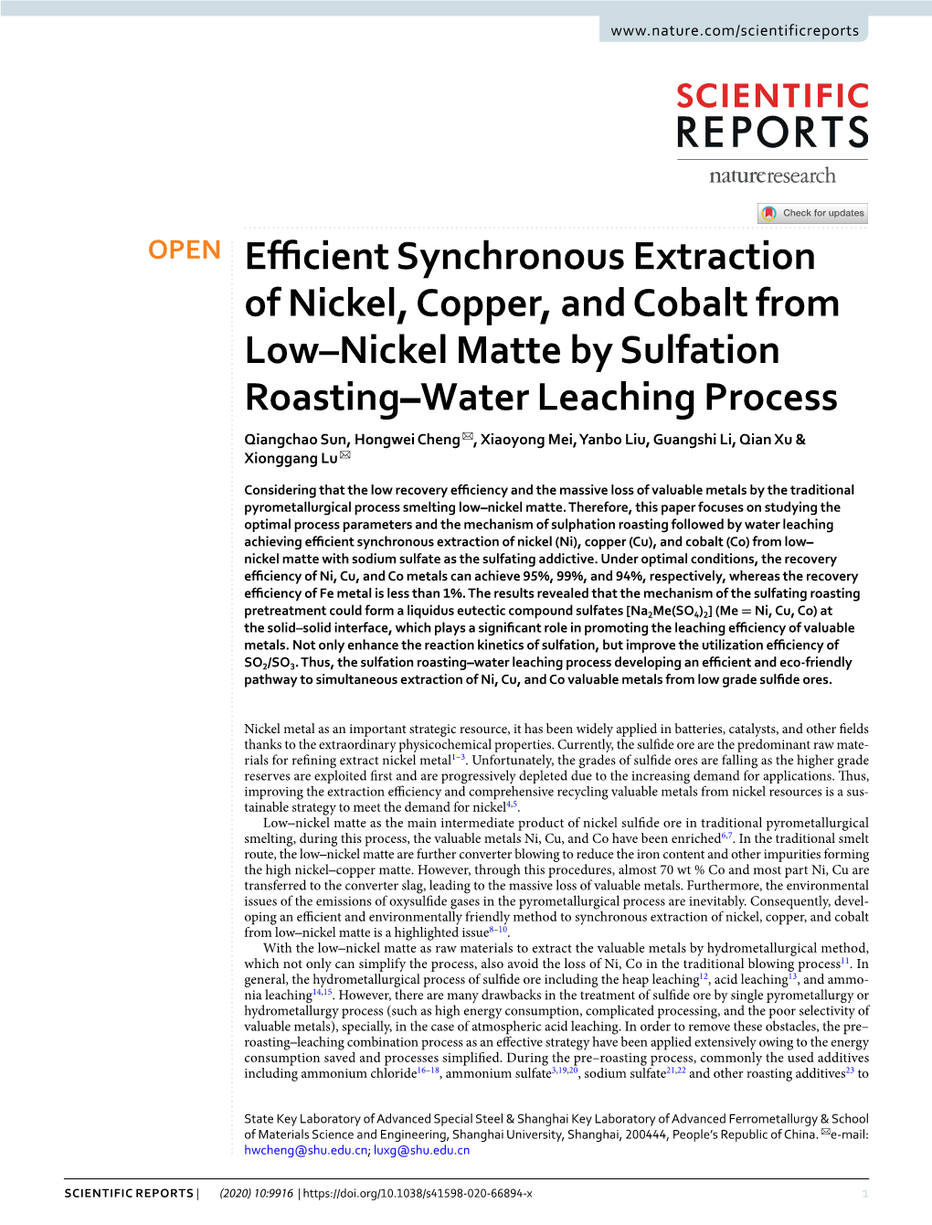 Efficient Synchronous Extraction of Nickel, Copper, and Cobalt