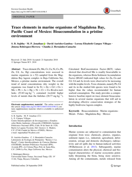 Trace Elements in Marine Organisms of Magdalena Bay, Pacific Coast Of