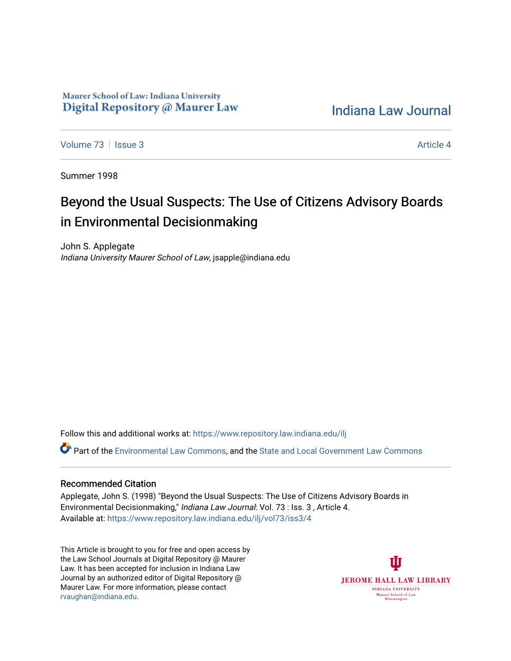 Beyond the Usual Suspects: the Use of Citizens Advisory Boards in Environmental Decisionmaking