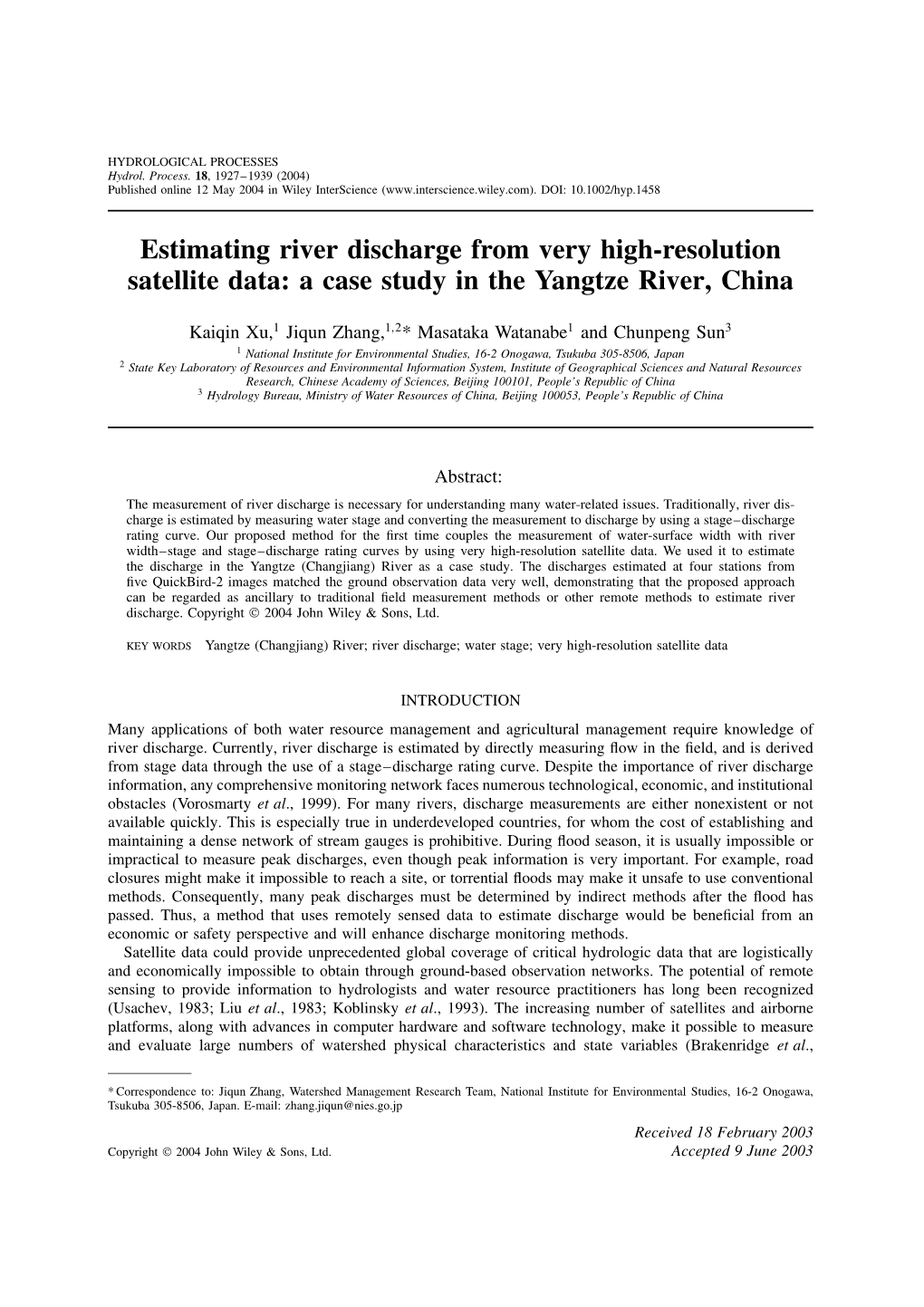 Estimating River Discharge from Very High-Resolution Satellite Data: a Case Study in the Yangtze River, China