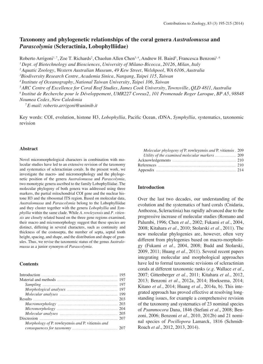 Taxonomy and Phylogenetic Relationships of the Coral Genera Australomussa and Parascolymia (Scleractinia, Lobophylliidae)