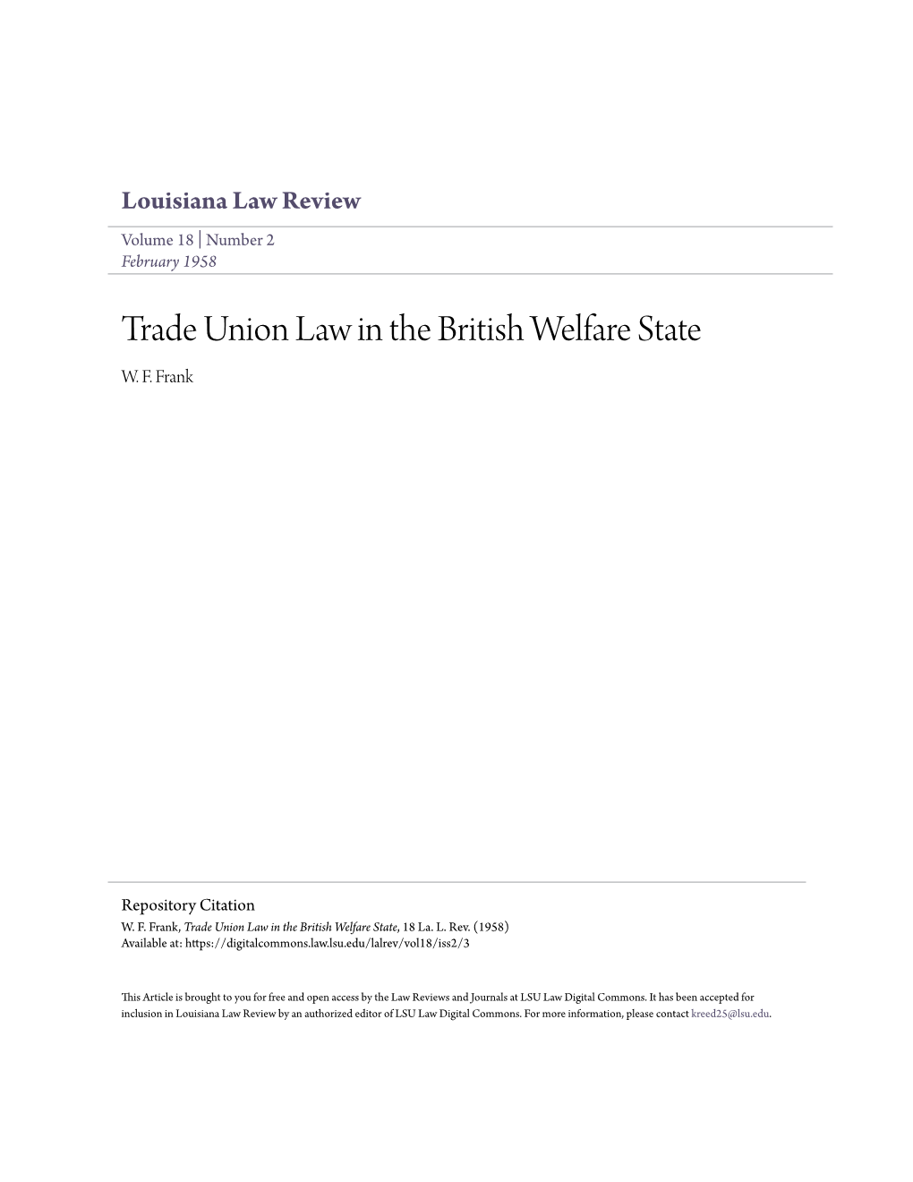Trade Union Law in the British Welfare State W