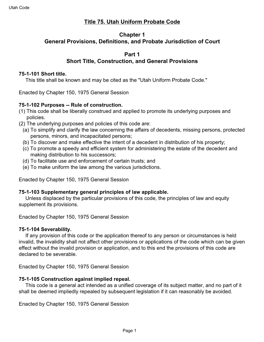 Title 75. Utah Uniform Probate Code Chapter 1 General Provisions