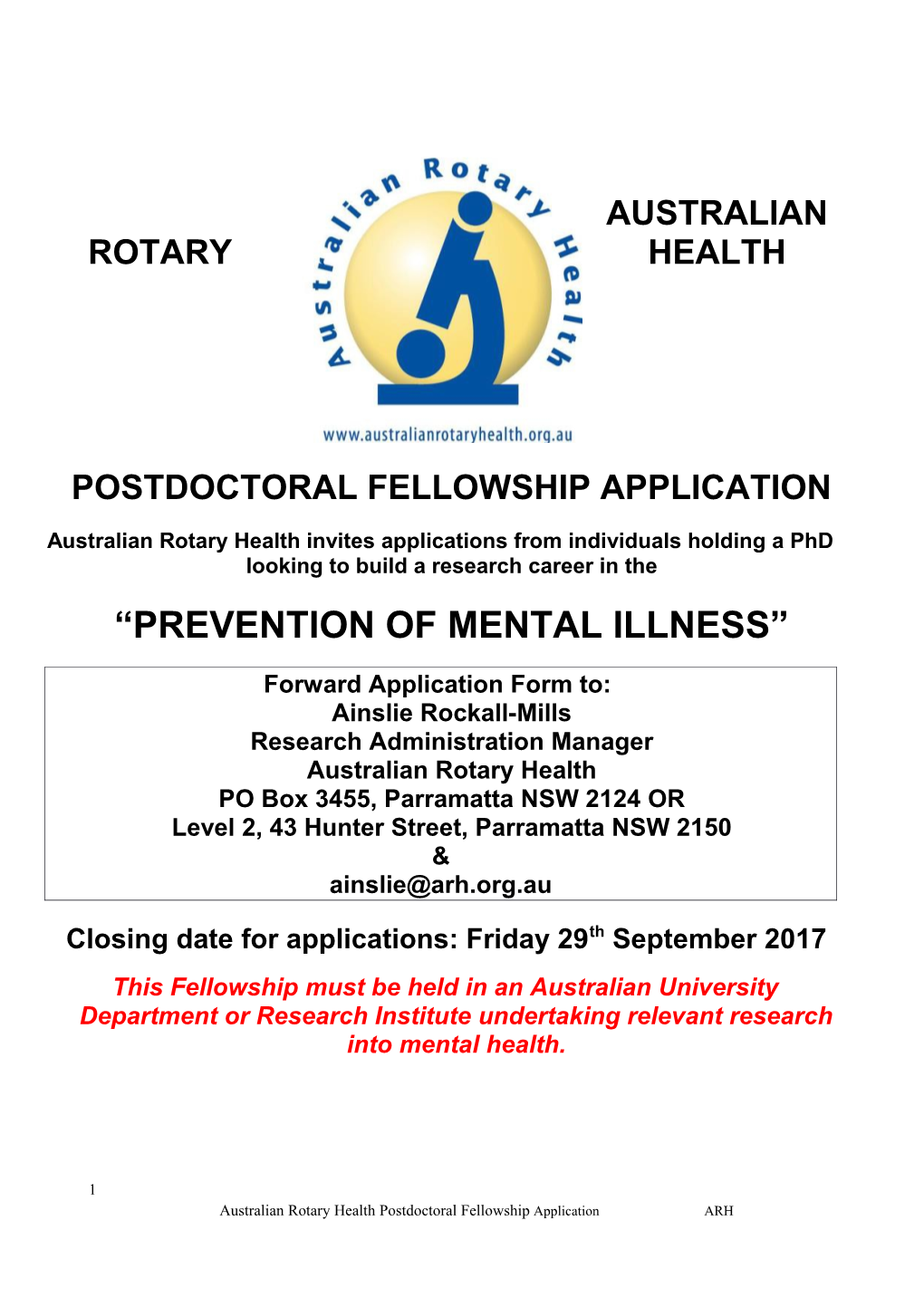 Australian Rotary Health Postdoctoral Fellowship Application