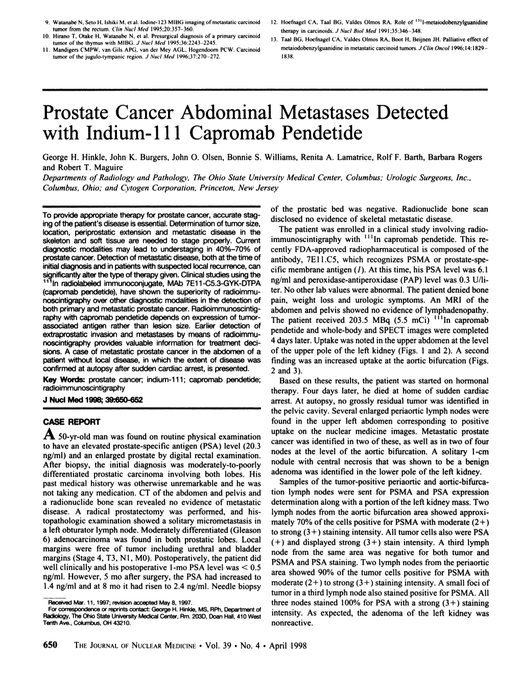 Prostate Cancer Abdominal MÃ©Tastasesdetected with Indium- 111 Capromab Pendetide