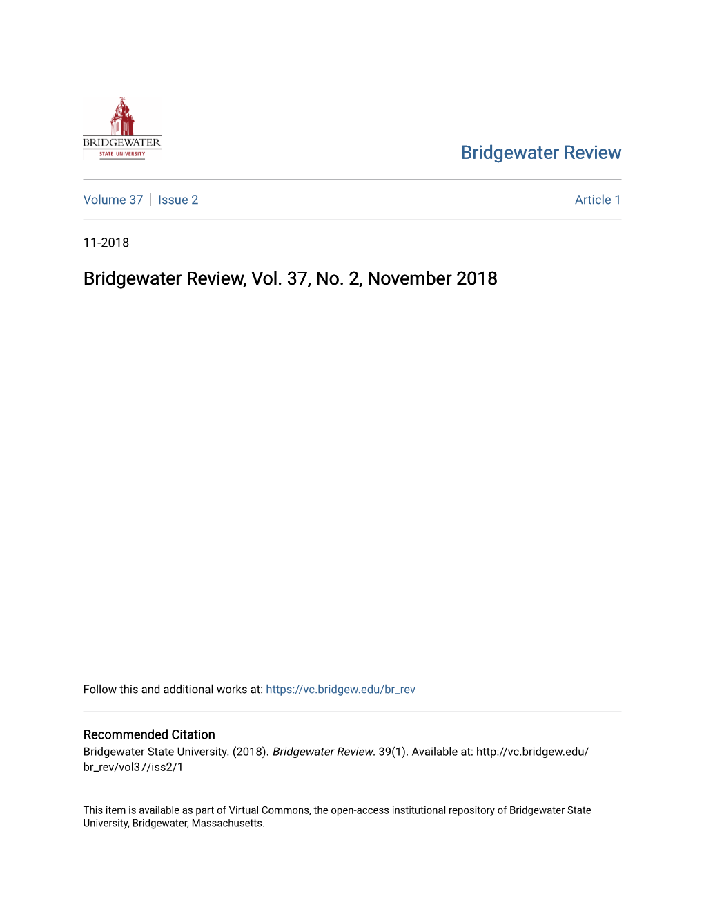 Bridgewater Review, Vol. 37, No. 2, November 2018