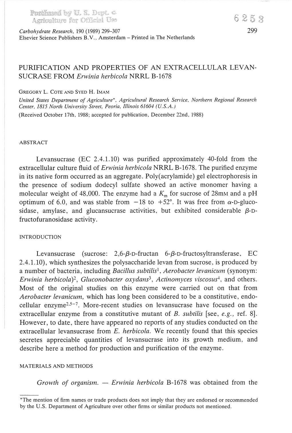 SUCRASE from Erwinia Herbicola NRRL B-1678 Levansucrase