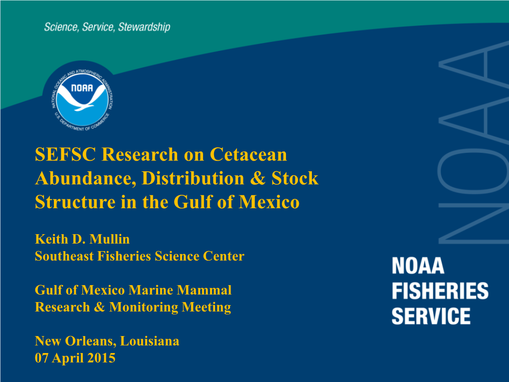 SEFSC Research on Cetacean Abundance, Distribution & Stock