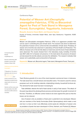 Potential of Weaver Ant ( Oecophylla Smaragdina Fabricius, 1775)