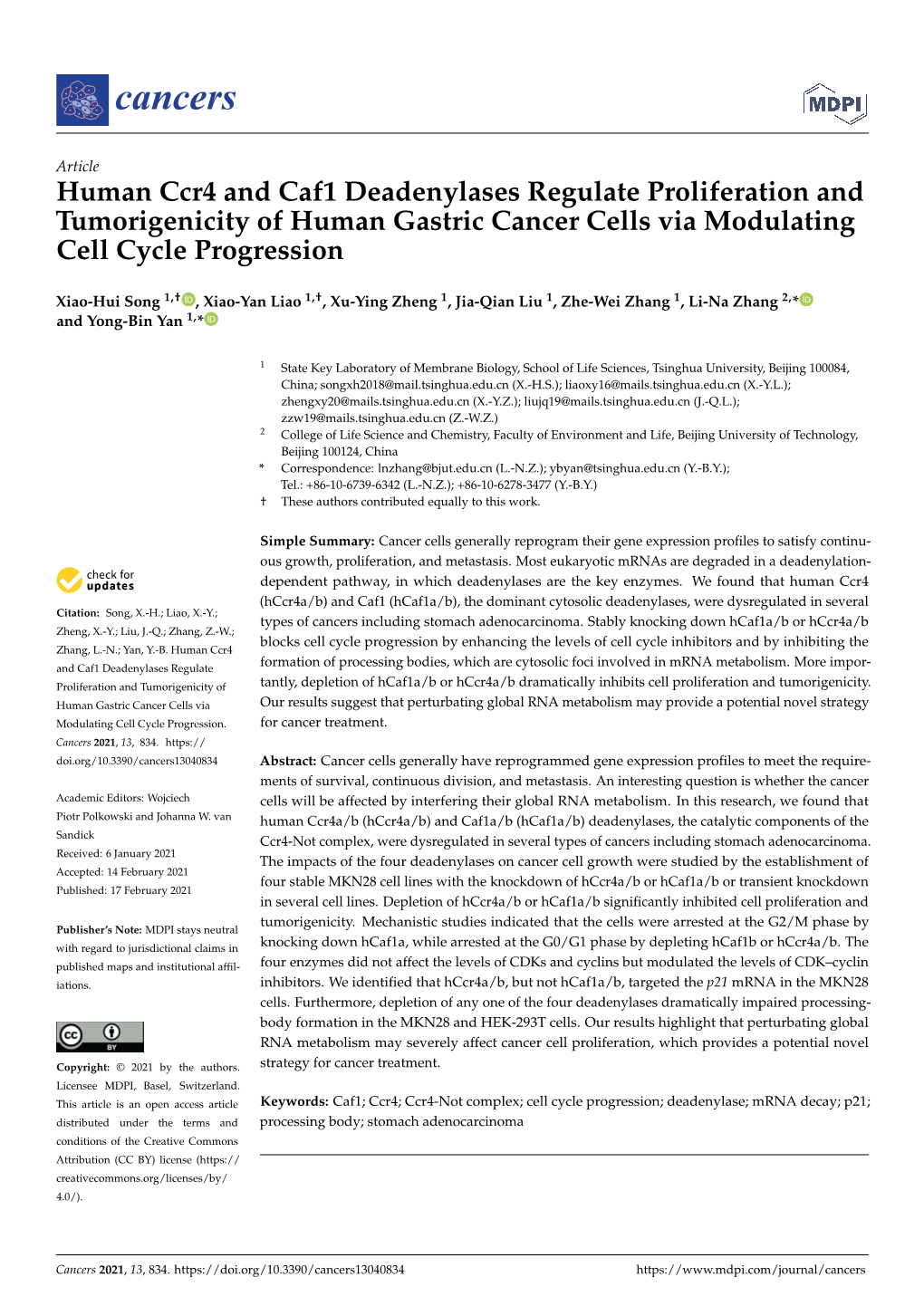Human Ccr4 and Caf1 Deadenylases Regulate Proliferation and Tumorigenicity of Human Gastric Cancer Cells Via Modulating Cell Cycle Progression