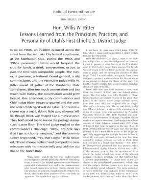 Hon. Willis W. Ritter Lessons Learned from the Principles, Practices, and Personality of Utah’S First Chief U.S