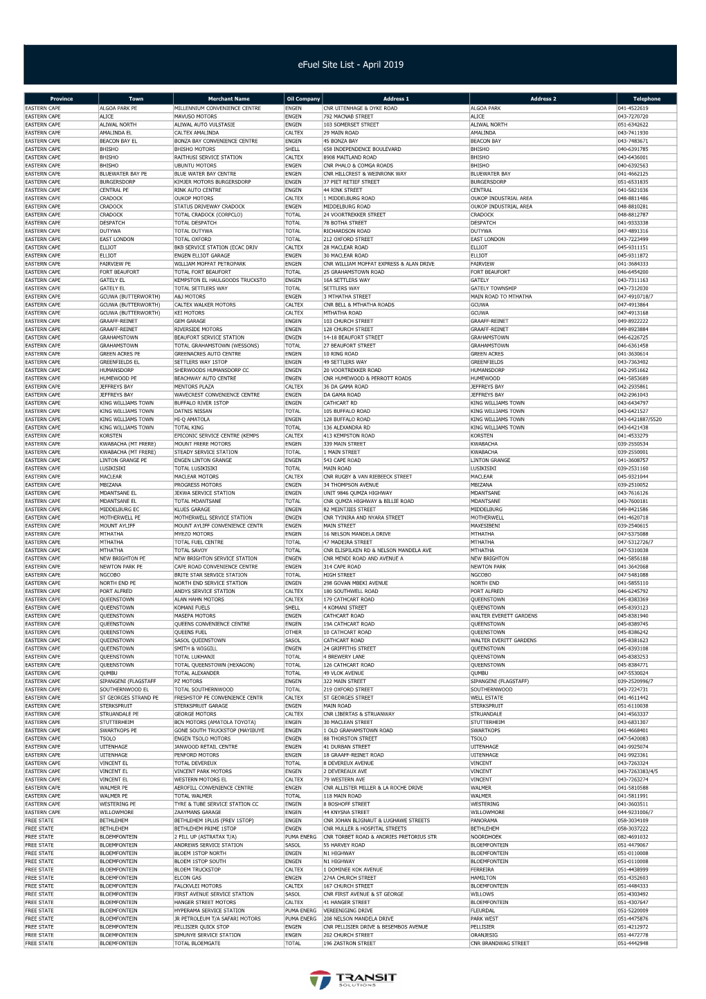 Updated Efuel Site List