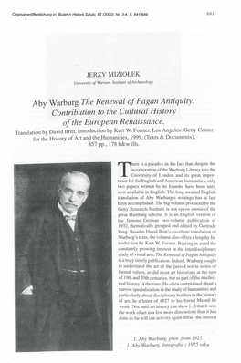 Aby Warburg the Renewal Ofpagan Antiąuity: Contribution to the Cultural History Ofthe European Renaissance