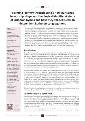 How Our Songs in Worship Shape Our Theological Identity: a Study of Lutheran Hymns and How They Shaped German Descendent Lutheran Congregations
