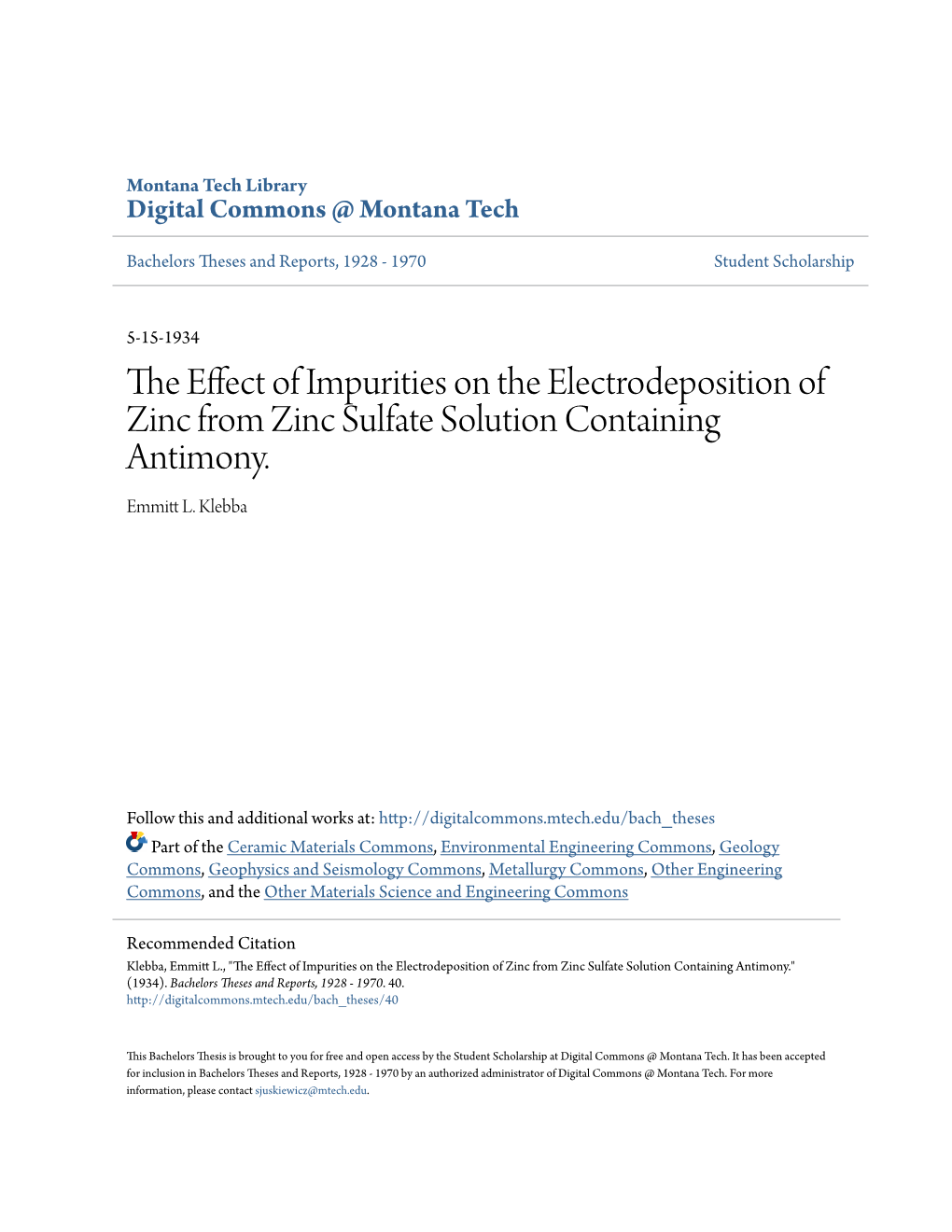 The Effect of Impurities on the Electrodeposition of Zinc from Zinc Sulfate Solution Containing Antimony.