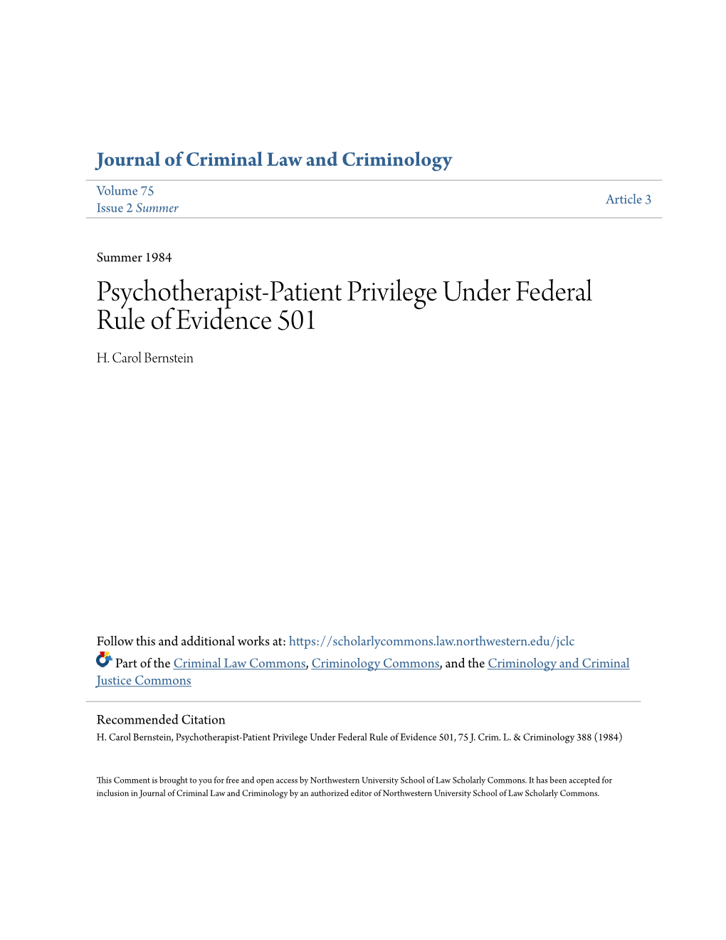 Psychotherapist-Patient Privilege Under Federal Rule of Evidence 501 H