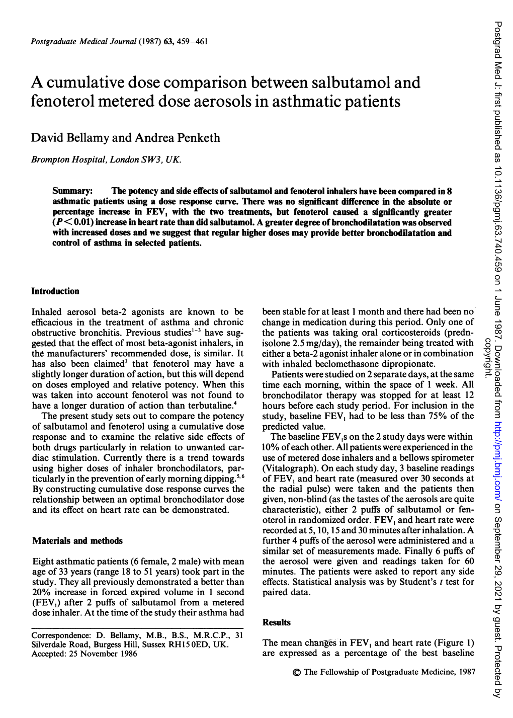 A Cumulative Dose Comparison Between Salbutamol and Fenoterol Metered Dose Aerosols in Asthmatic Patients