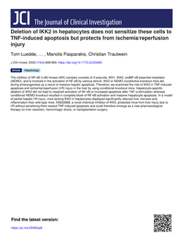 Deletion of IKK2 in Hepatocytes Does Not Sensitize These Cells to TNF-Induced Apoptosis but Protects from Ischemia/Reperfusion Injury