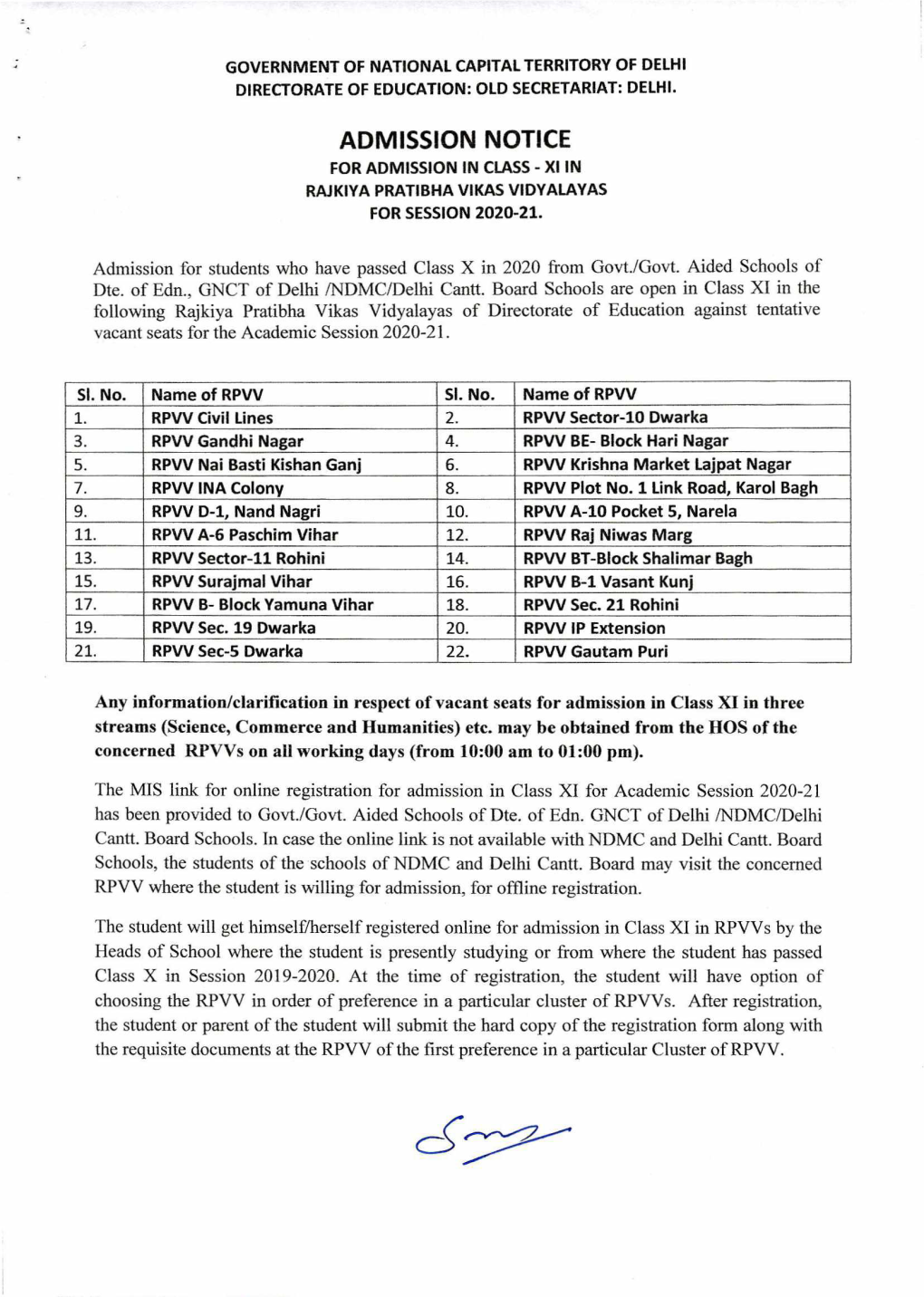 Admission Notice for Admission in Class - Xi in Rajkiya Pratibha Vikas Vidyalayas for Session 2020-21