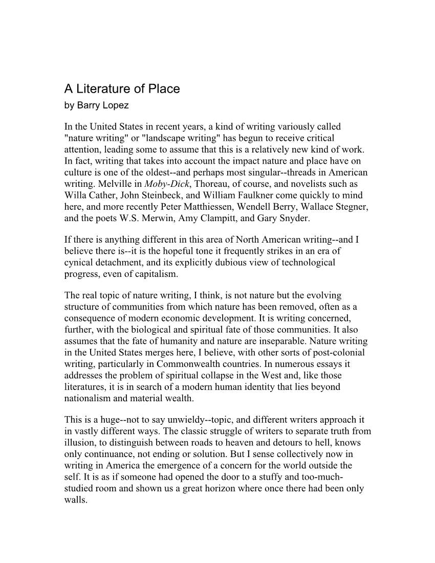A Literature of Place by Barry Lopez