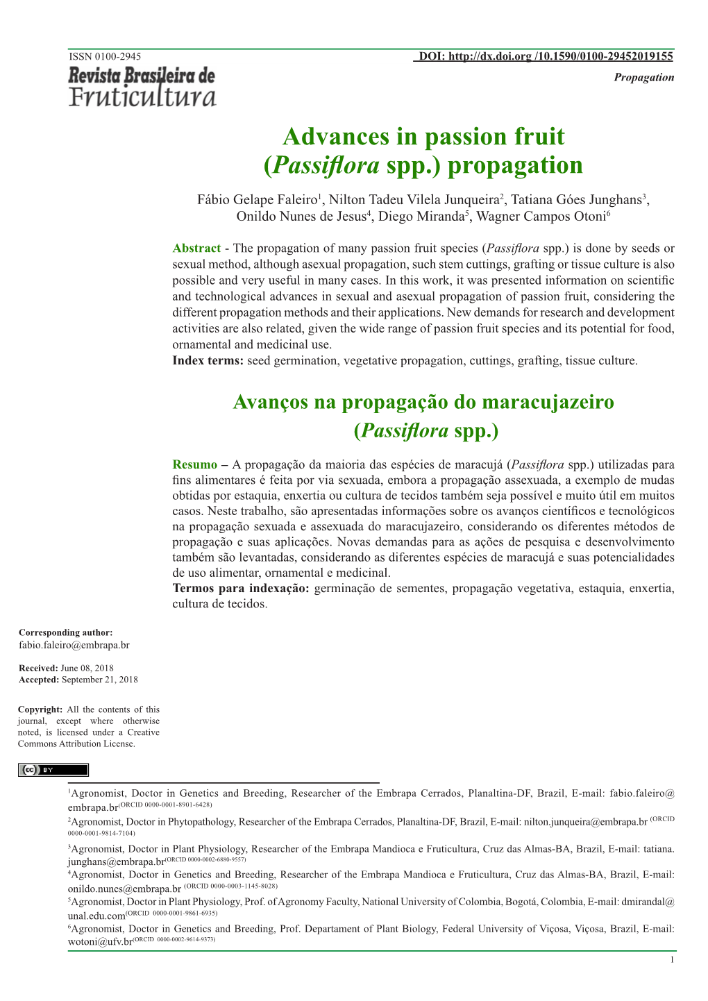 Advances in Passion Fruit (Passiflora Spp.) Propagation