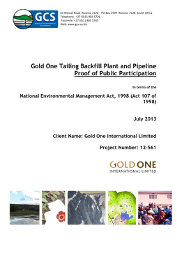 Gold One Tailing Backfill Plant and Pipeline Proof of Public Participation
